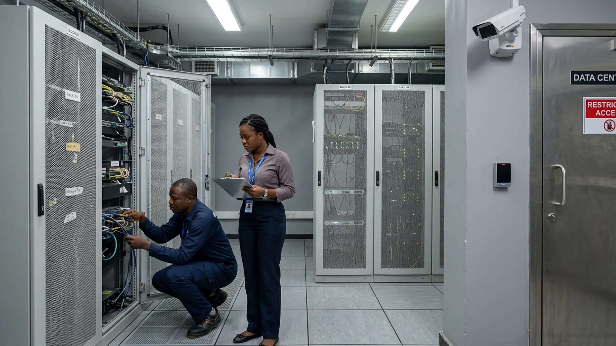 Two Nigerian technical professionals working on server rack equipment in a secure government IT room with CCTV and access control