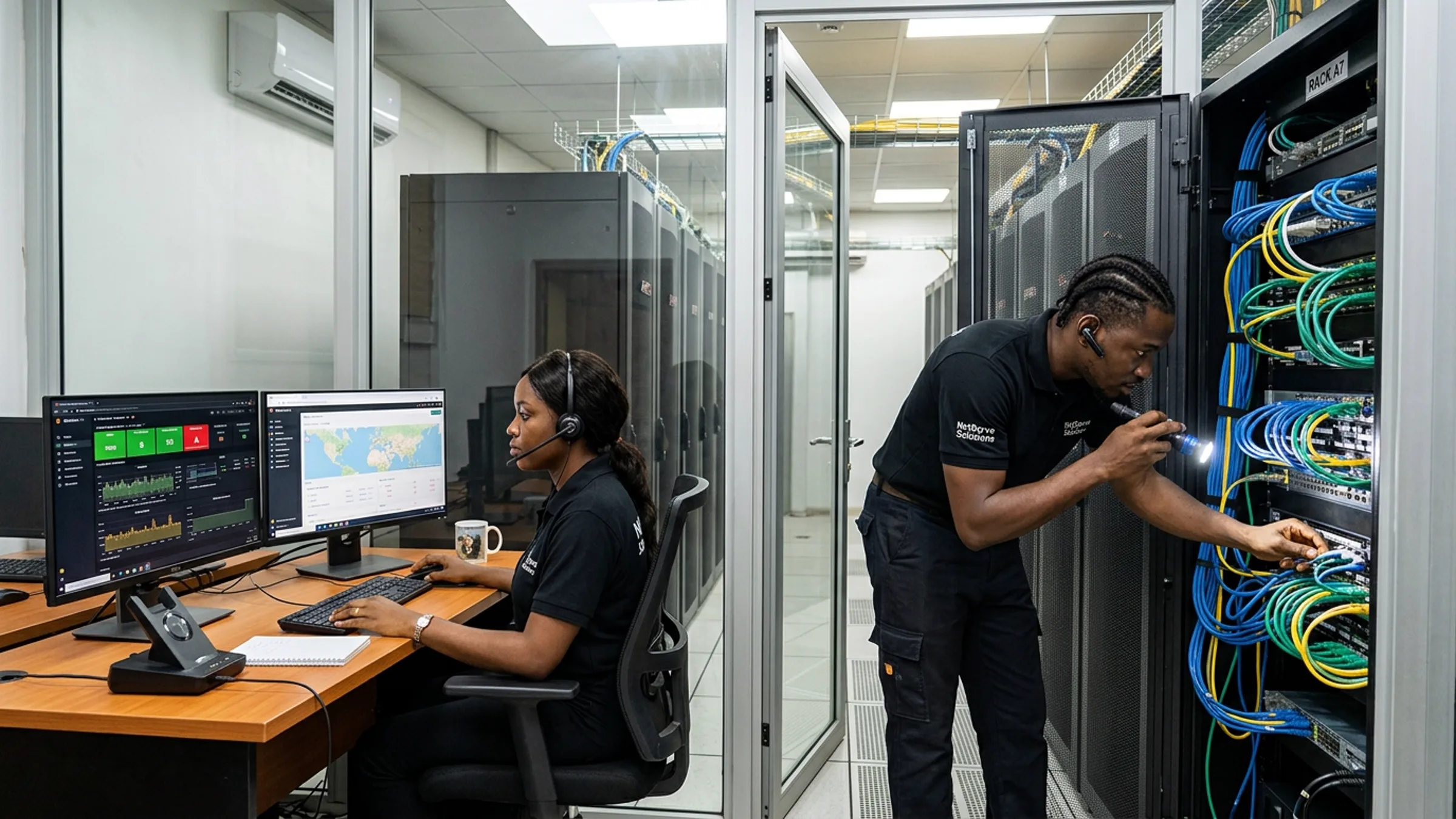 Nigerian remote operations engineer on monitoring screens connected to a field engineer inspecting rack cabling in a data centre