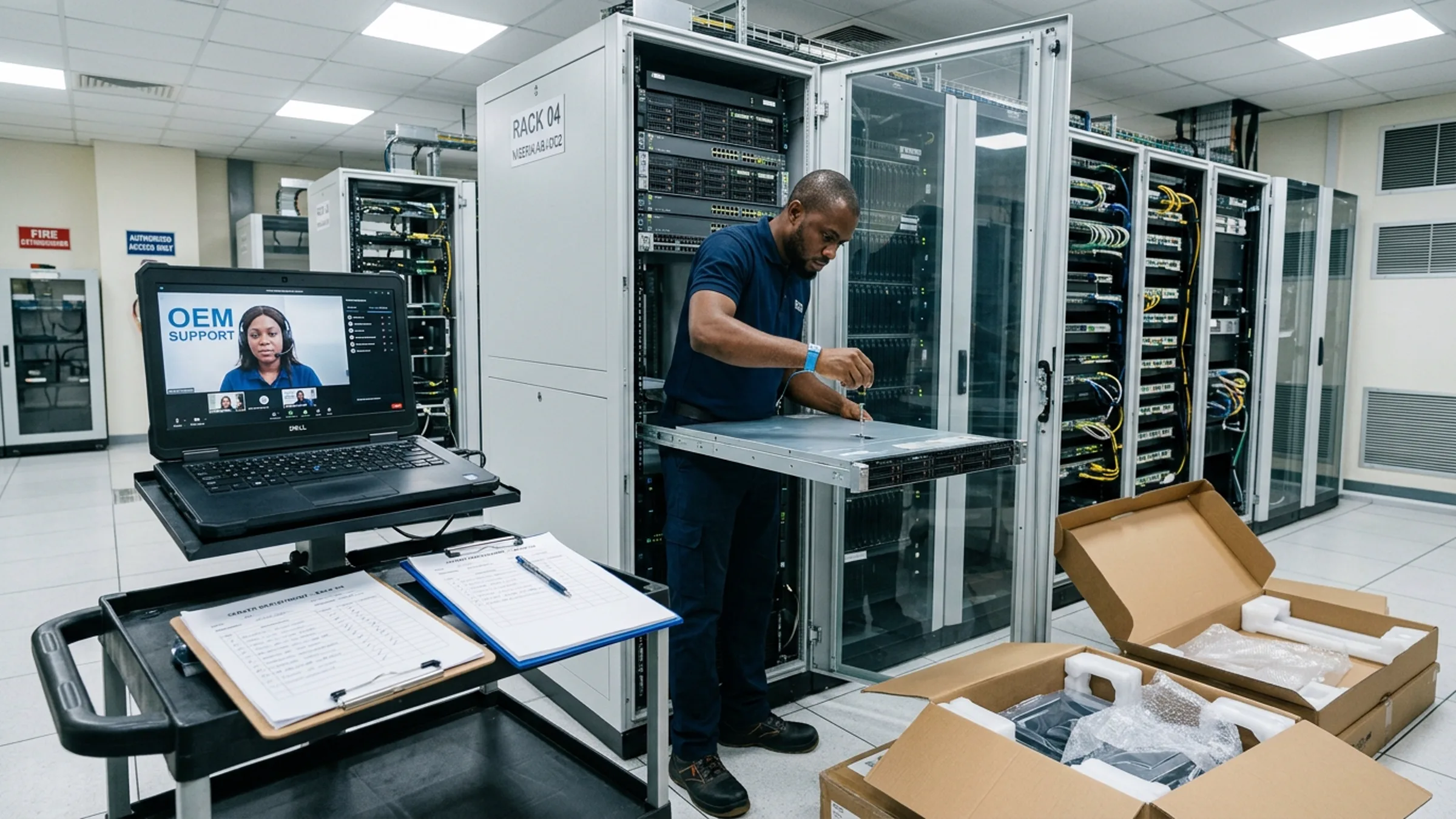 Nigerian engineer installing enterprise server hardware in a customer rack with deployment documentation and equipment packaging visible