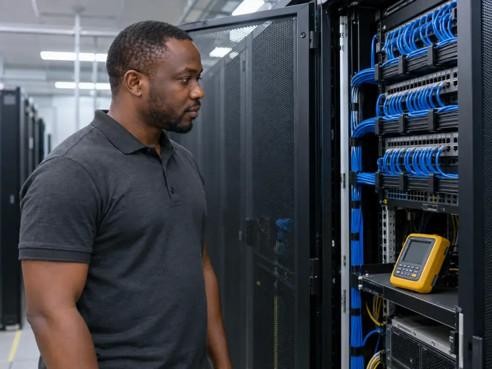Technician inspecting a rack with a handheld testing device