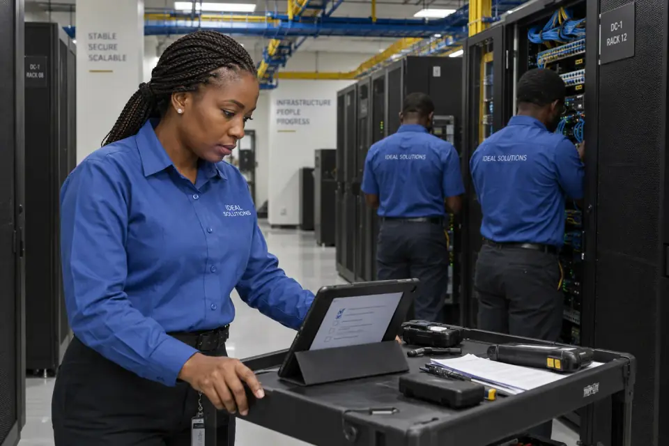 Technical team reviewing deployment information beside server racks