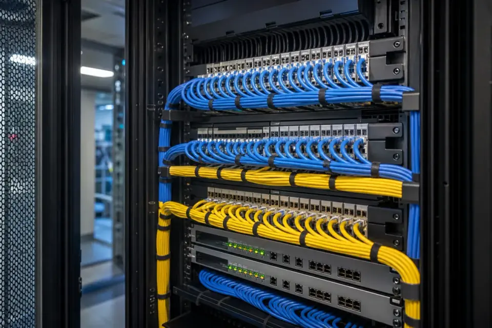 Organised blue and yellow patch leads in network racks