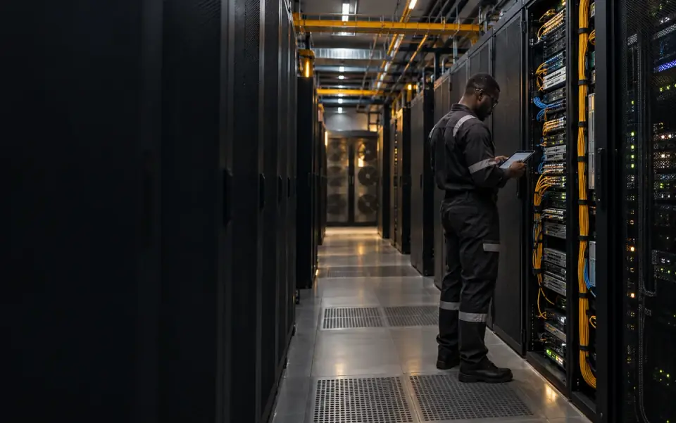 Onsite technician inspecting equipment in a server aisle