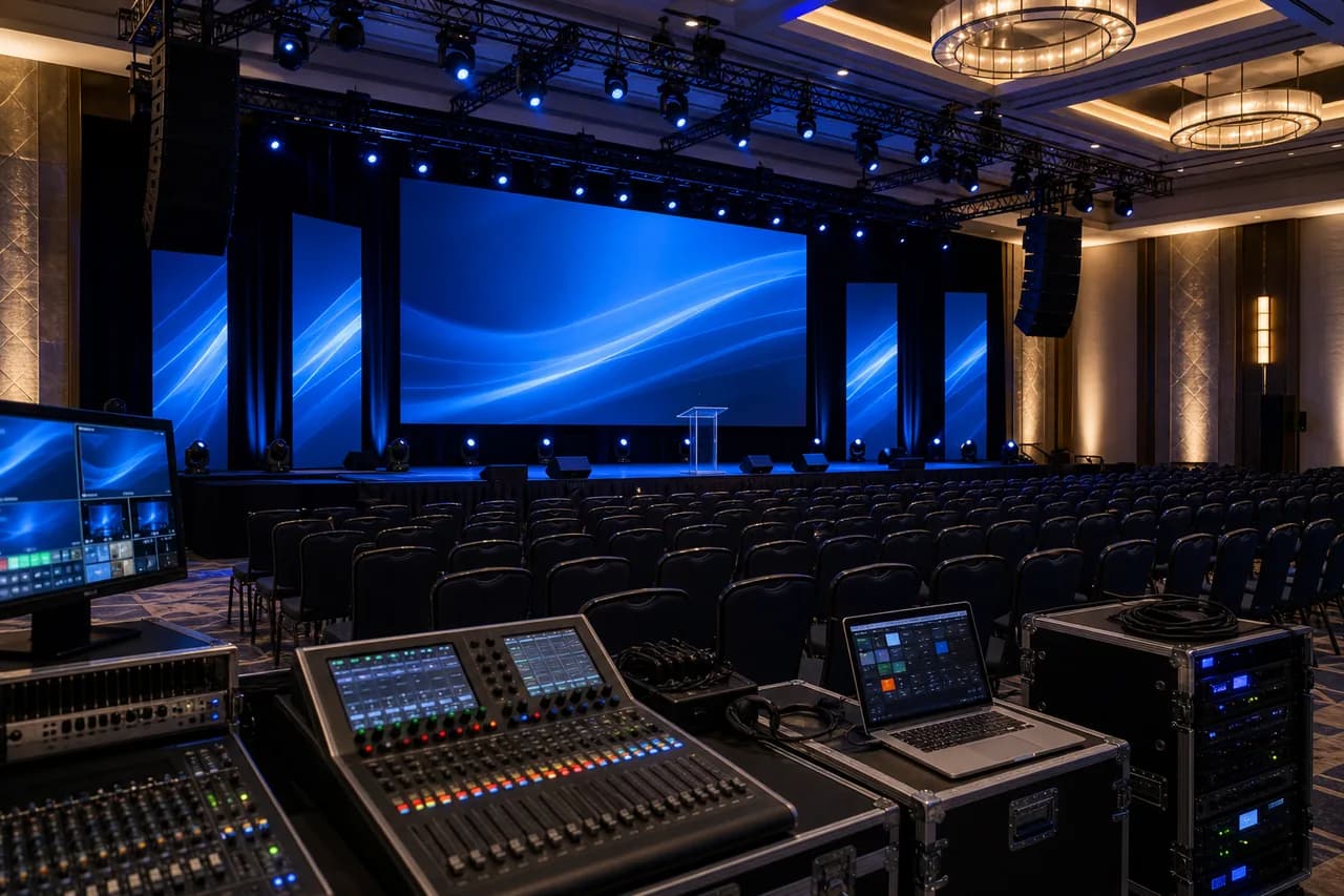 Auditorium with audiovisual control equipment, stage lighting and display infrastructure