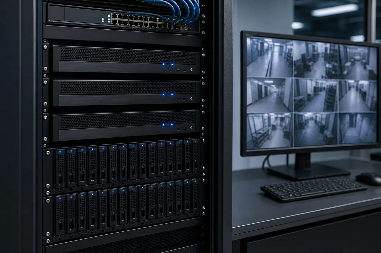 Security recording hardware and storage dashboard representing CCTV footage retention planning