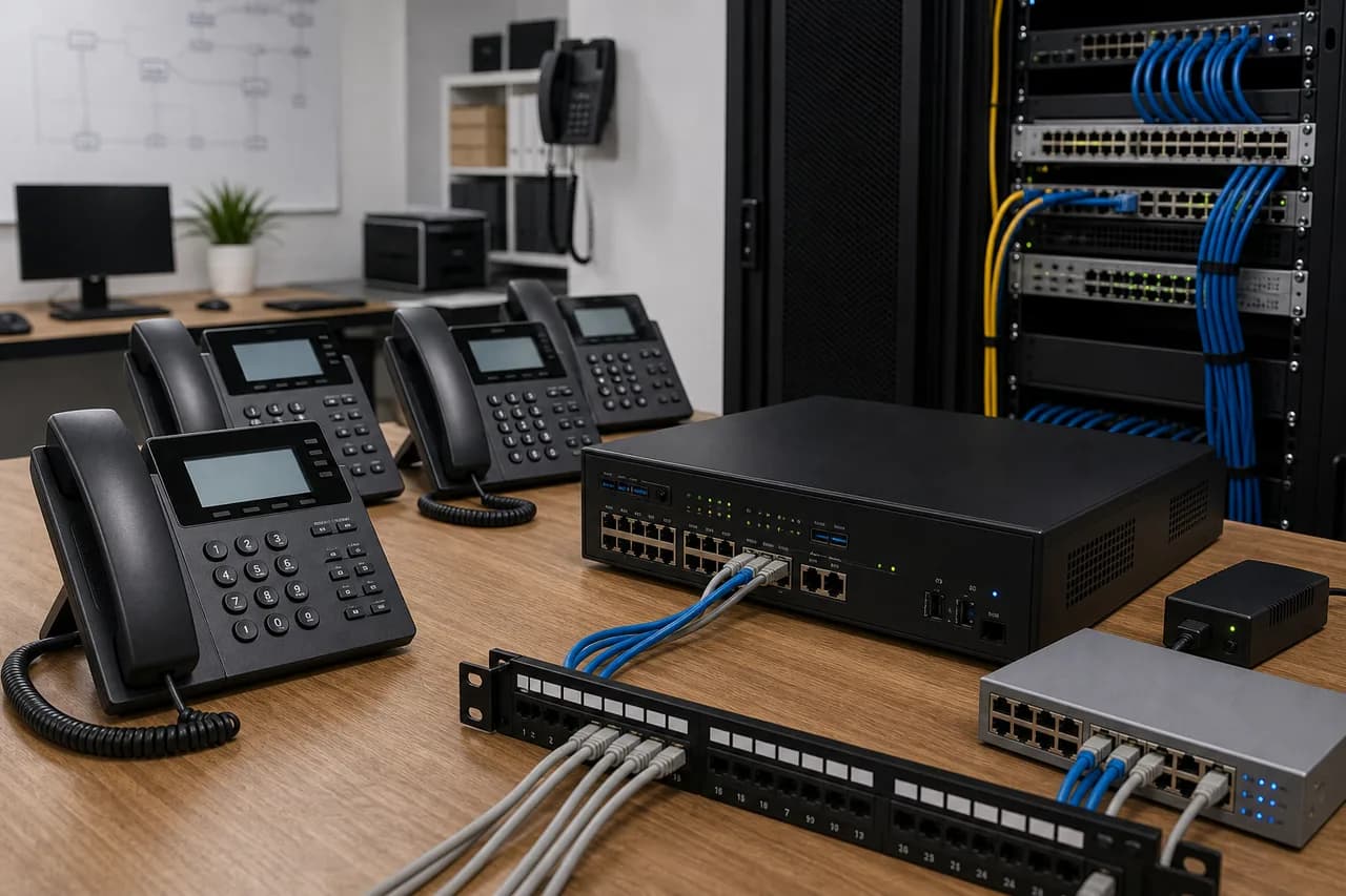 Business telephones and rack-mounted network infrastructure for property communications