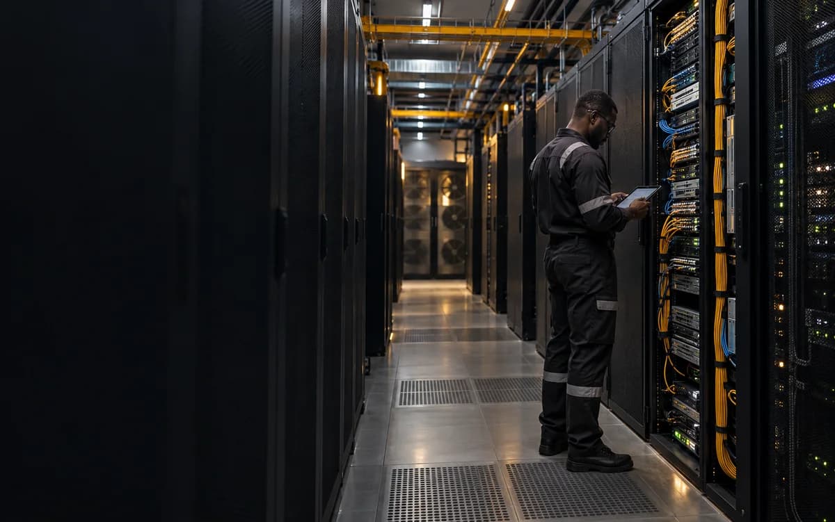 Technical support engineer inspecting infrastructure in a data centre